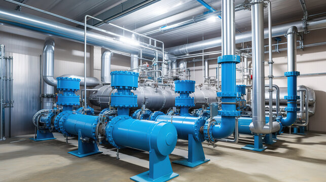 Large industrial boiler room and water treatment facility, blue pumps, shiny stainless metal pipes, and valves. Generative AI