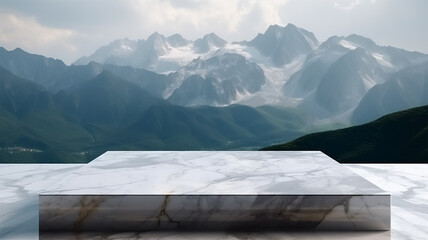 mountainous landscape with marble podium for product presentation and advertising, gerenative AI