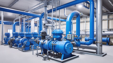 Large industrial boiler room and water treatment facility, blue pumps, shiny stainless metal pipes, and valves. Generative AI