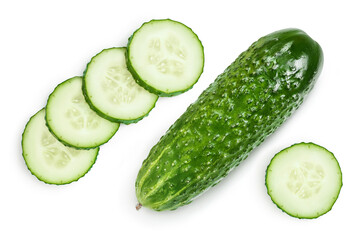 Sliced cucumber isolated on white background with full depth of field, Top view. Flat lay