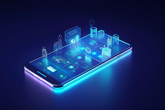 Smartphone screen with smart home technologies on a blue backdrop. Internet of things isometric conceptual image. Digital Residence utilizing a mobile phone's fingerprint. Generative AI