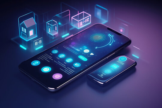 Smartphone screen with smart home technologies on a blue backdrop. Internet of things isometric conceptual image. Digital Residence utilizing a mobile phone's fingerprint. Generative AI