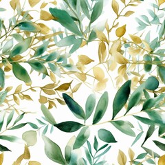 An delineated out watercolor energized border highlighting green and gold takes off and branches, idealize for wedding stationary. Seamless pattern, AI Generated