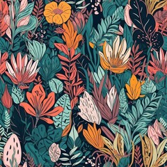 A cutting edge dependable organize highlighting a charming, colorful tropical blossom organize with curiously botanical components. Seamless pattern, AI Generated