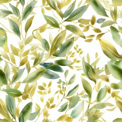 Fototapeta na wymiar An portrayed out watercolor relentless border highlighting green and gold takes off and branches, idealize for wedding stationary. Seamless pattern, AI Generated