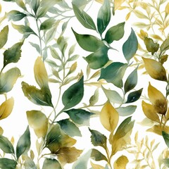 An depicted out watercolor energized border highlighting green and gold takes off and branches, idealize for wedding stationary. Seamless pattern, AI Generated