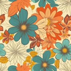 Fototapeta na wymiar Retro flower consistent design. Cool Daisy Bloom. Seamless pattern, AI Generated