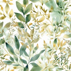 Fototapeta na wymiar An delineated out watercolor energized border highlighting green and gold takes off and branches, idealize for wedding stationary. Seamless pattern, AI Generated