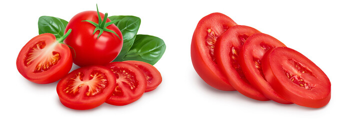 Tomato with half and slices isolated on white background with full depth of field.