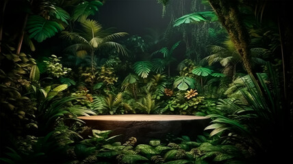 jungle forest atmosphere with open space for product presentation and advertising, gerenative AI