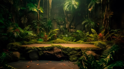 jungle forest atmosphere with open space for product presentation and advertising, gerenative AI