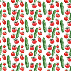 Watercolor seamless pattern with the image of fresh tomatoes and cucumbers