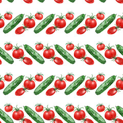 Watercolor seamless pattern with the image of fresh tomatoes and cucumbers