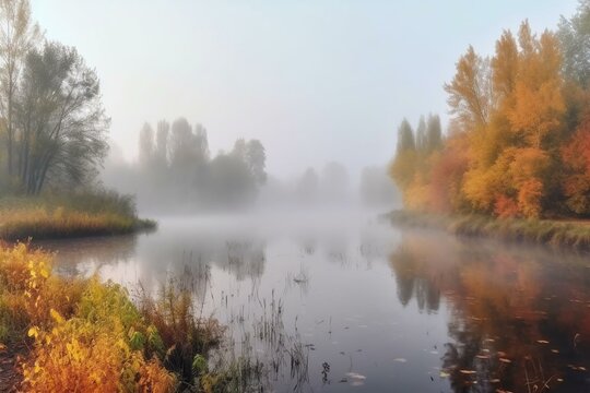 Autumn fog landscape on the lake. Generative AI © Lucas