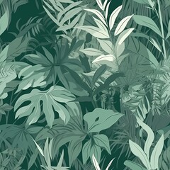 hypothetical botanical foliage establishment in green, highlighting tropical plants, develops, sprout plans, and leaf branches - come full circle as a establishment. Seamless pattern, AI Generated