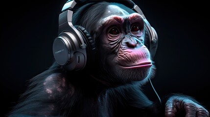 wallpaper of a cool chimp with headphones. Created with generative Ai technology