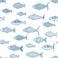 Hand drawn line art seamless pattern with many blue lined different fish on white background.Print cards,invitations,design