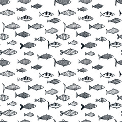 Hand drawn line art seamless pattern with many black lined different fish on white background.Print cards,invitations,design