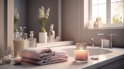 Fototapeta na wymiar Bathroom sink with candles and products in front of mirror with morning light. Generative AI