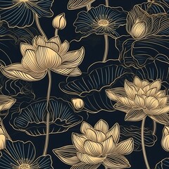 Extravagance foundation organize with Brilliant lotus and characteristic foundation. Seamless pattern, AI Generated
