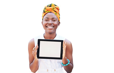 Portrait black woman, tablet screen and mockup for social media, contact us or branding app. Happy...