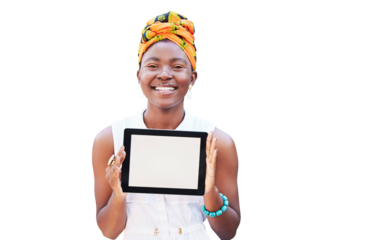 Portrait black woman, tablet screen and mockup for social media, contact us or branding app. Happy girl, blank and tech for logo, contact and digital website isolated on transparent png background