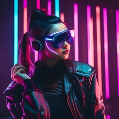 Embark on a mind-bending journey as a female person dons a VR headset, teleporting into a mesmerizing digital world. Neon lights illuminate the backdrop, amplifying the futuristic allure Generative AI