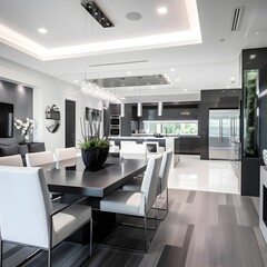 modern dining room with white and black leather furniture, in the style of dark gray and gray. Generative AI.