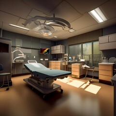 Fototapeta na wymiar a medical room with a bed and an operating table, in the style of ray tracing, realistic portrayal of light and shadow, heavy use of palette knives, rtx. Generative AI.
