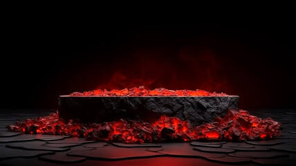 hot lava environment with podium for product presentation and advertising, gerenative AI