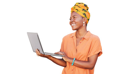 Happy, laptop and African woman isolated on transparent, png background thinking of fashion...