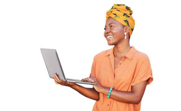 Happy, laptop and African woman isolated on transparent, png background thinking of fashion inspiration or blog. Nigeria person or model typing on computer for retail, clothes ideas and social media