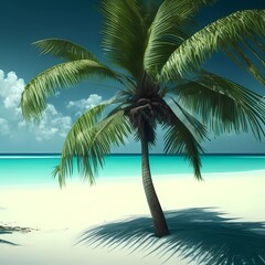 A palm tree on the beach against a tranquil ocean backdrop