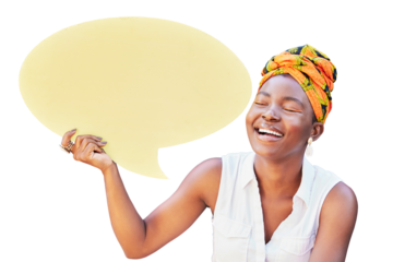 Social media, speech bubble and laughing with a black woman isolated on a transparent background. Funny, eyes closed and announcement with a happy young african person holding a paper poster on PNG