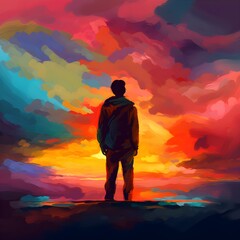 Obraz premium Immerse yourself in a vibrant painting featuring the silhouette of a man standing against a breathtaking backdrop of a rainbow-colored sky. Generative AI