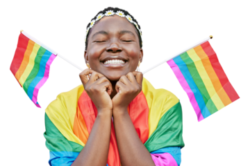 LGBT, pride and a black woman with a rainbow flag in support of the gay community isolated on a transparent background. Equality, human rights and sexuality with an african lesbian eyes closed on PNG