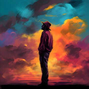 Immerse yourself in a vibrant painting featuring the silhouette of a man with cowboy hat standing against a breathtaking backdrop of a rainbow-colored sky. Generative AI