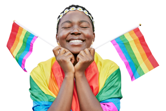 LGBT, pride and a black woman with a rainbow flag in support of the gay community isolated on a transparent background. Equality, human rights and sexuality with an african lesbian eyes closed on PNG