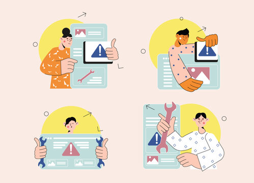 Set concept Technical support with people scene in the flat cartoon design. Employees of the technical support center configure gadgets for customers. Vector illustration. - Powered by Adobe