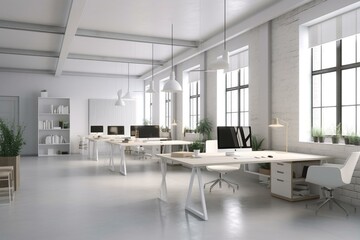 Fototapeta na wymiar Modern light coworking office interior with blank white mock up banner, furniture, equipment and other items. Workplace and commercial space concept. 3D Rendering. Generative AI