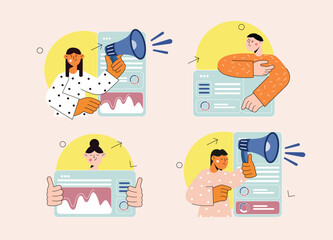 Set concept marketing with people scene in the flat cartoon style. Marketers advertise different goods and services on the Internet. Vector illustration.