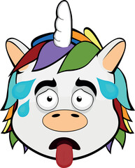 vector illustration face of an exhausted cartoon unicorn, with his tongue out and drops of sweat on his head