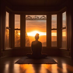 Experience a moment of serene tranquility as a woman sits in front of a window, immersed in meditation, with a breathtaking natural view at sunset. Generative AI