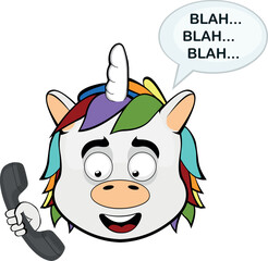vector illustration face of unicorn cartoon talking on the phone and a speech bubble with the text blah