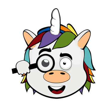 vector illustration face of a unicorn cartoon observing with a magnifying glass