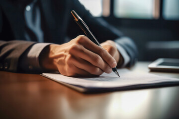 Business man signing a contract or agreement in modern office.