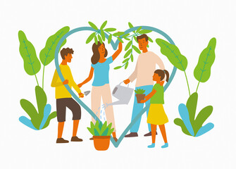 Family growing things together in heart shape
