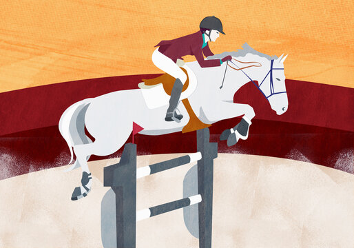 Woman riding horse in showjumping event