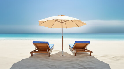 Fototapeta premium Tumbona de madera de playa con colchonetas azules y sombrilla en una playa idílica de arena dorada sobre fondo de mar y cielo azul
