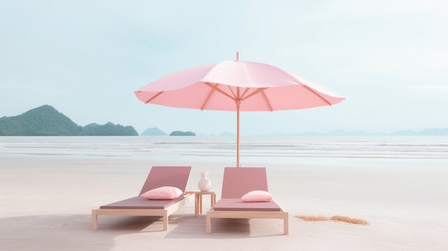Tumbona de madera de playa con colchonetas rosas y sombrilla en una playa id&iacute;lica. Ilustraci&oacute;n de IA generativa